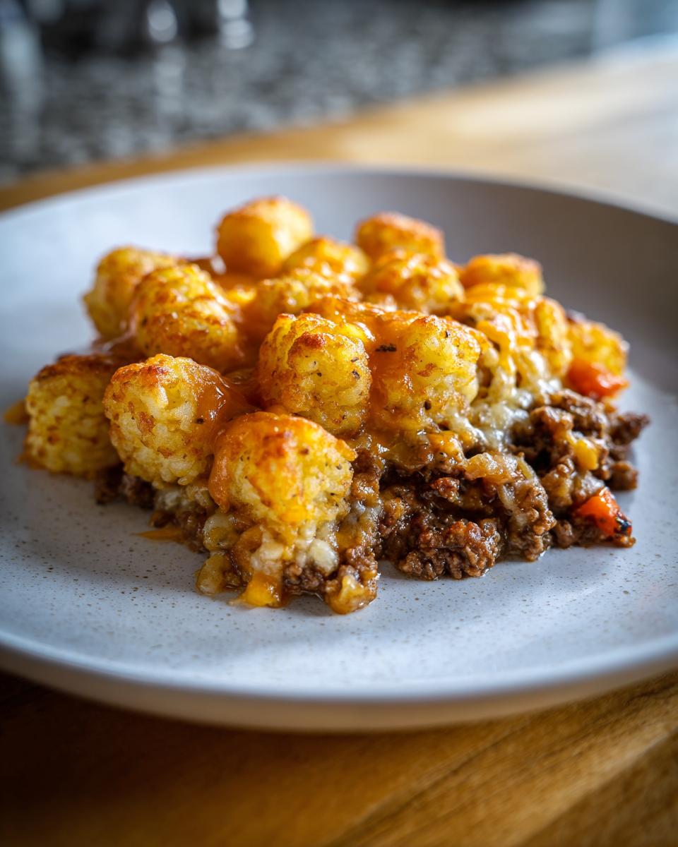 A close-up serving of Cowboy Casserole With Tater Tots topped with melted cheese on a speckled white plate.