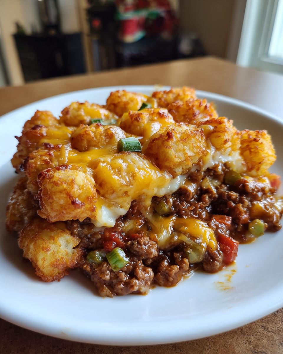 A close-up serving of Cowboy Casserole With Tater Tots, showing a layer of seasoned ground beef and vegetables topped with melted cheese and crispy tots.