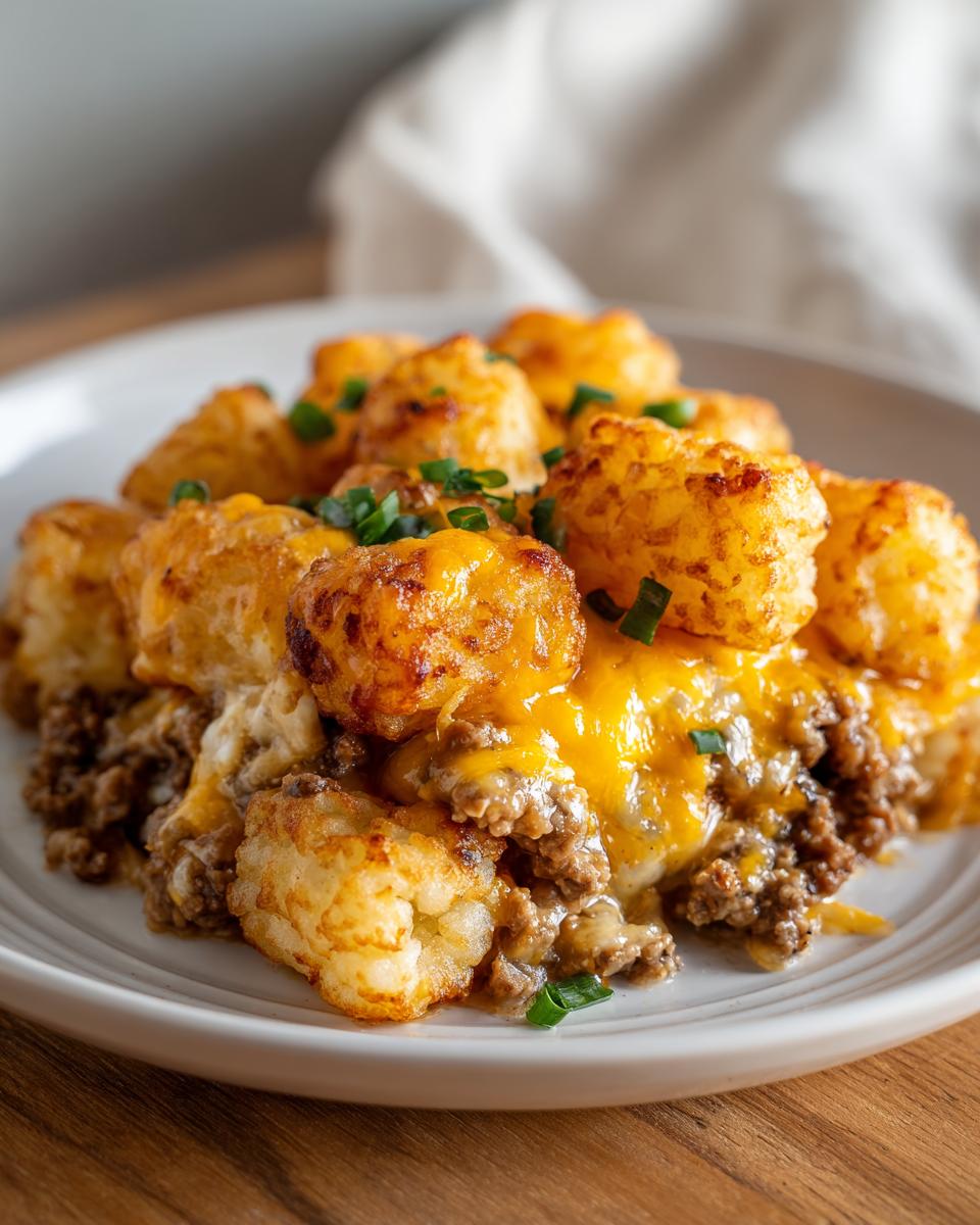 A close-up of a serving of Cowboy Casserole With Tater Tots, topped with melted cheddar cheese and green onions.