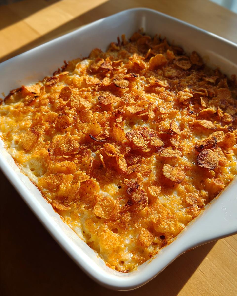 Baked Cream Of Chicken Recipes casserole topped with golden, crispy cornflakes in a white dish.