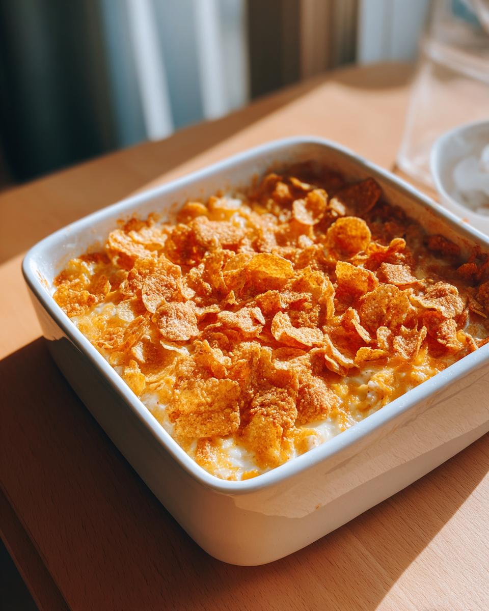 A baked Cream Of Chicken Recipes casserole topped generously with golden, crunchy cornflakes.