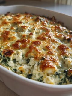 Close-up of a hot, creamy spinach and cheese dip fresh from the oven, perfect for Keto Dip Recipes.