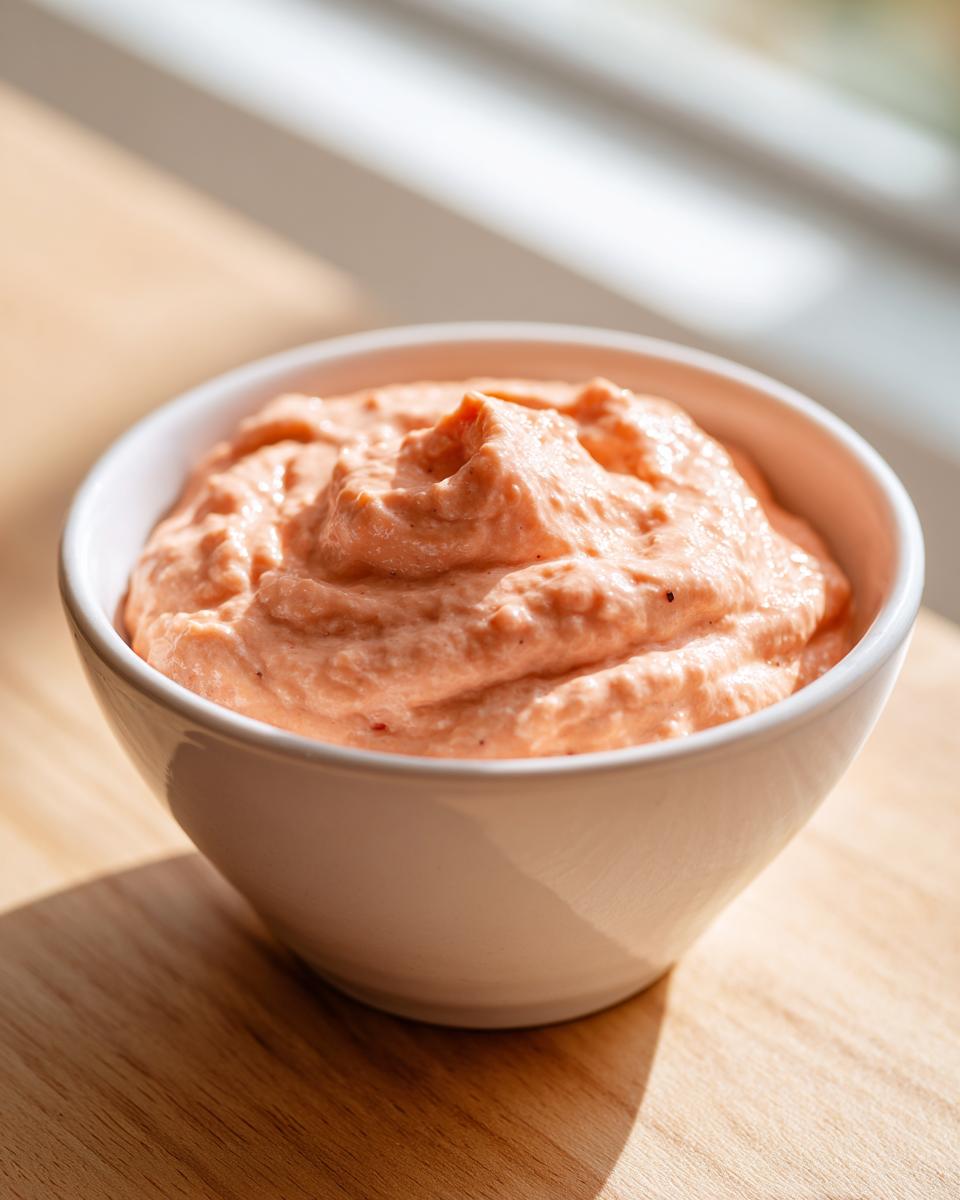 A white bowl filled with thick, creamy, pinkish-orange In N Out Sauce sitting on a wooden surface.