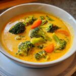Close-up of a white bowl filled with rich, yellow Broccoli Cheddar Soup featuring bright green broccoli florets and sliced carrots.