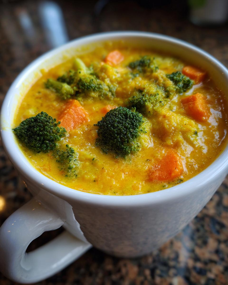 Close-up of creamy, vibrant yellow Broccoli Cheddar Soup topped with bright green broccoli florets and orange carrot pieces.
