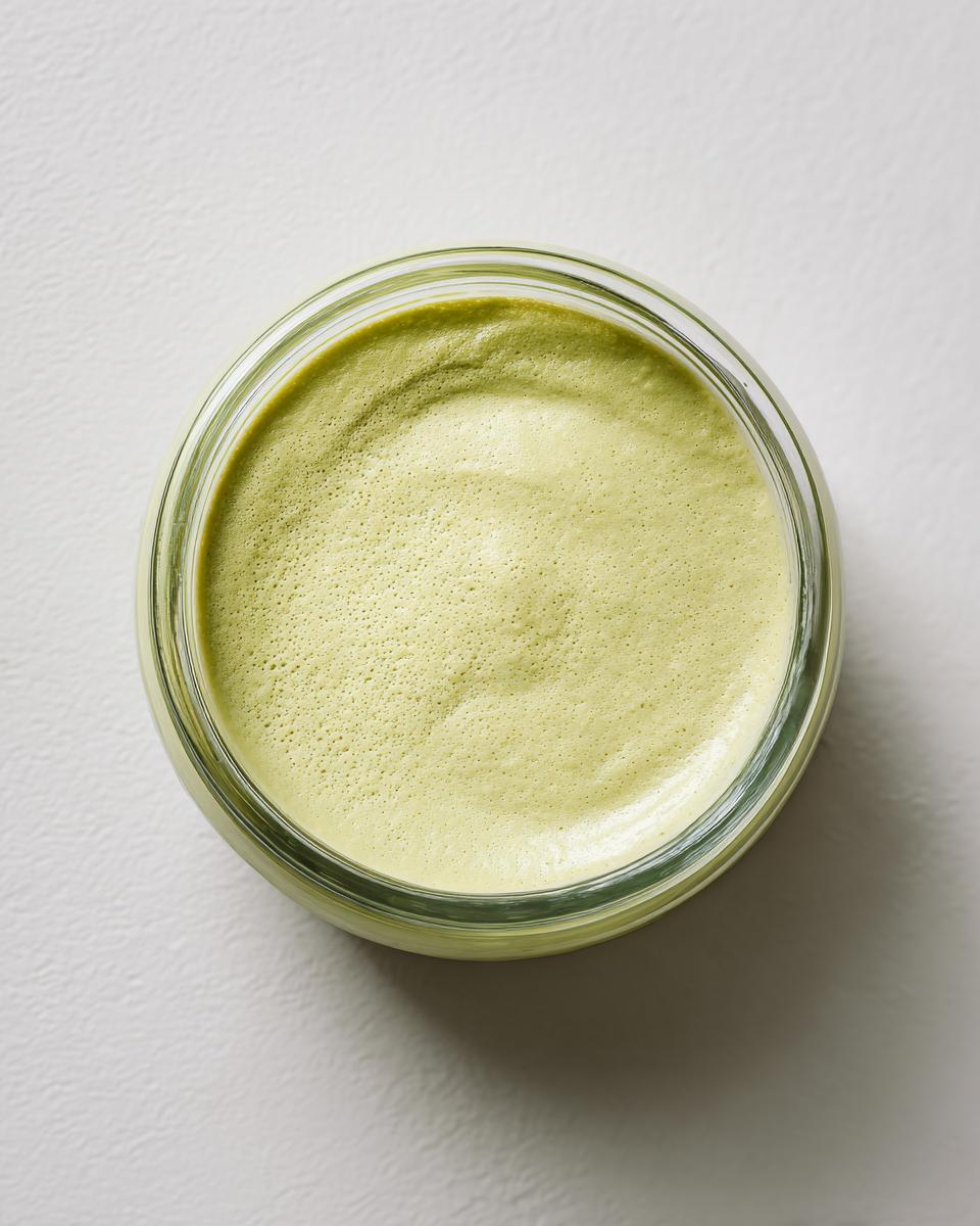 Overhead view of a creamy, pale green sauce, likely a wasabi-based dressing, in a small glass jar.