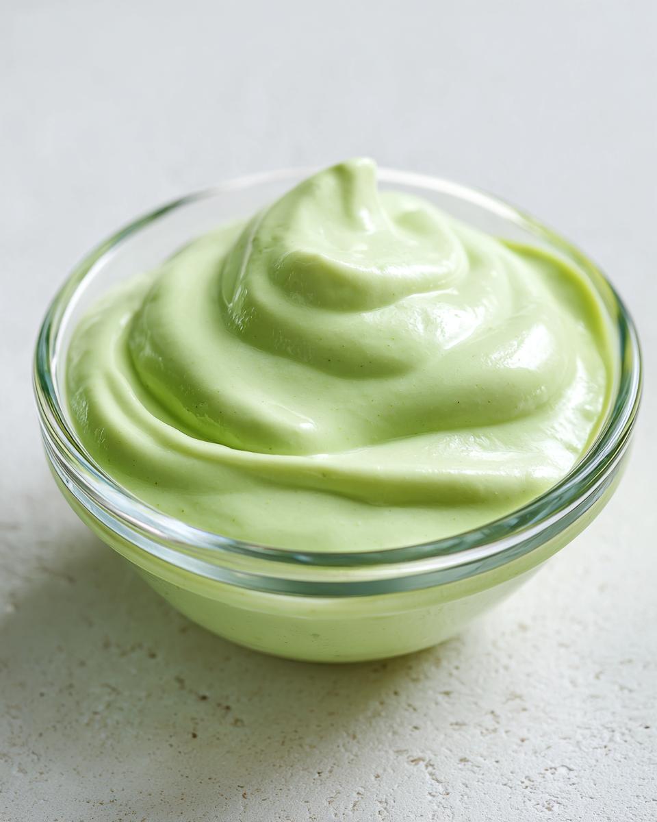 Close-up of a small glass bowl filled with smooth, light green, creamy sauce, likely a Wasabi Mayo.