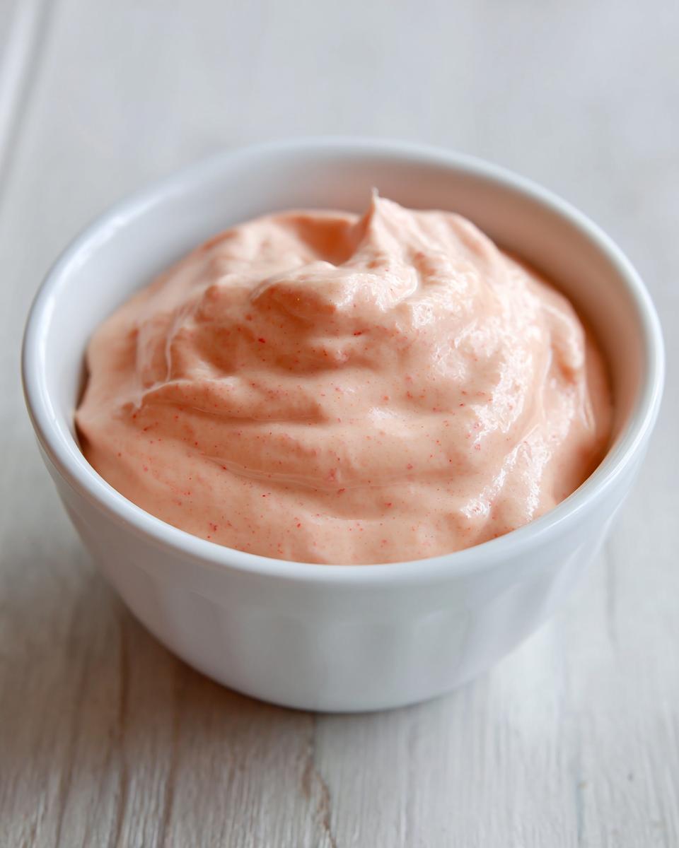 Close-up of creamy, pinkish-orange homemade In N Out Sauce filling a small white dipping bowl.