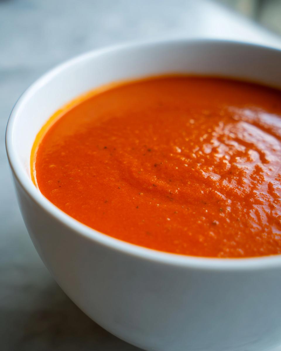 Close-up of vibrant orange-red, creamy tomato soup in a white bowl, perfect for immersion blender recipes.