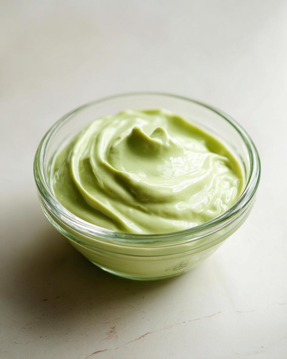 Close-up of a small glass bowl filled with smooth, light green wasabi sauce or dip.