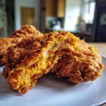 Close-up of crispy, golden-brown fried chicken, cut open to show juicy white meat, perfect for Deep Fry Recipes.