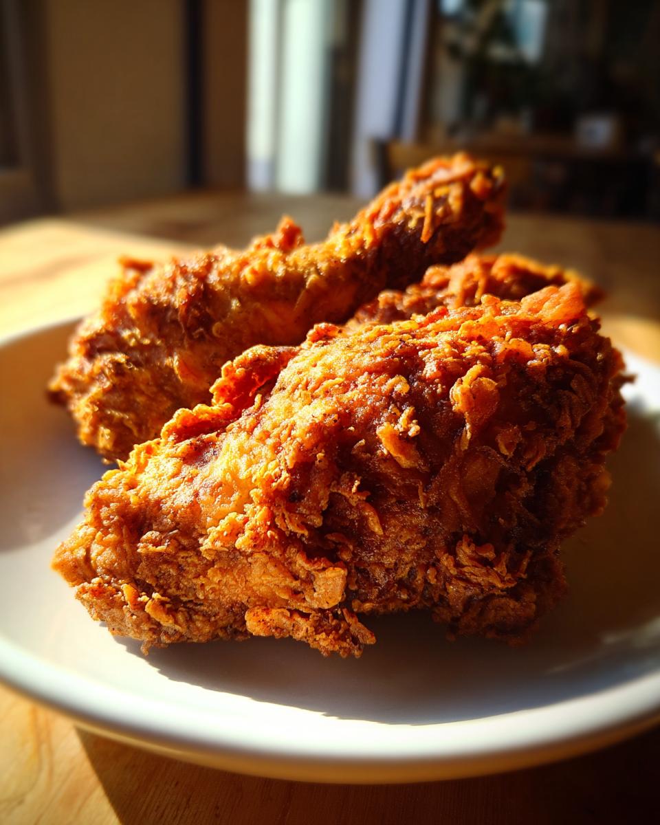 Two pieces of golden brown, crispy fried chicken resting on a white plate, perfect for Deep Fry Recipes.