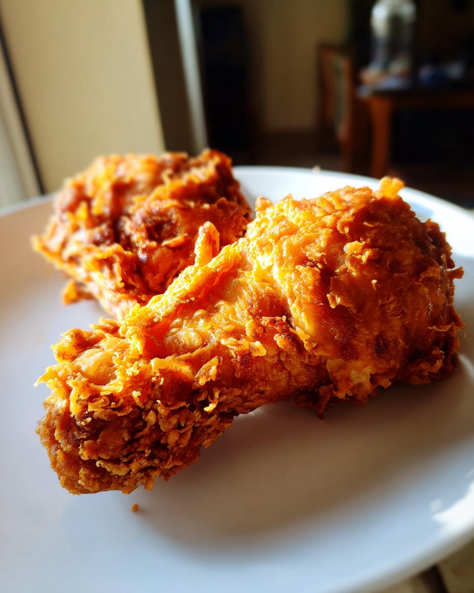 Two pieces of golden brown, crispy fried chicken on a white plate, perfect for Deep Fry Recipes.