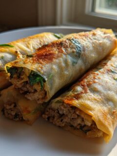 Close-up of three crispy, golden-brown Thai Basil Beef Rolls stacked on a white plate, showing the savory meat filling.