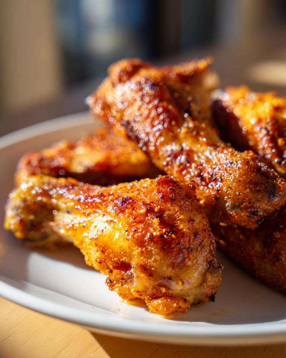 Close-up of several golden-brown, seasoned turkey wing drumettes piled on a white plate, showcasing crispy skin.