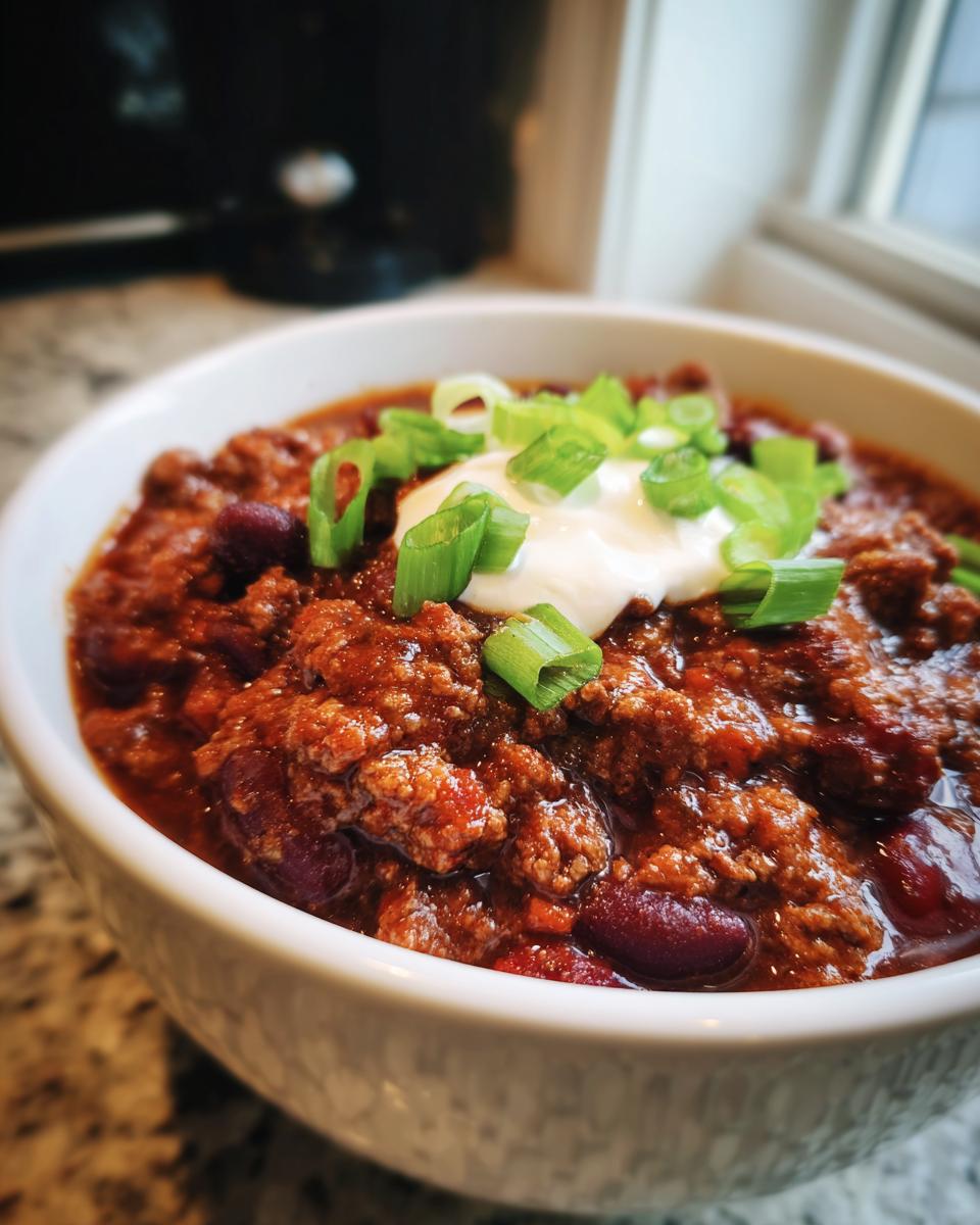 Close-up of a white bowl filled with rich Crockpot Chili, topped with sour cream and sliced green onions.