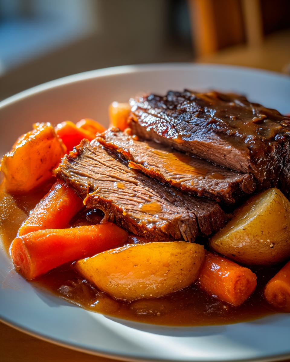 Close-up of sliced Crockpot Roast covered in rich gravy, served with carrots and potatoes.