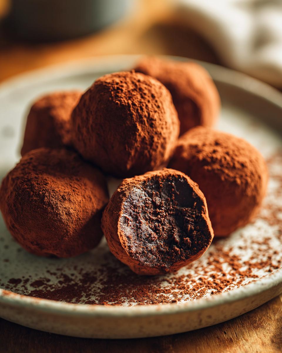 A plate of rich, dark Christmas Truffles dusted heavily with cocoa powder, one cut open to show the soft center.