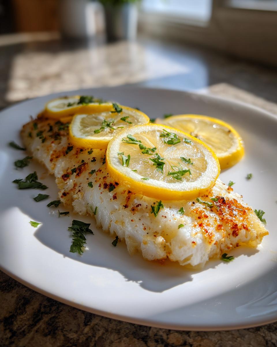 A perfectly cooked fillet of white fish, likely flounder, topped with fresh lemon slices and chopped parsley.