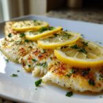 Close-up of a perfectly cooked flounder fillet seasoned and topped with fresh lemon slices and chopped parsley.