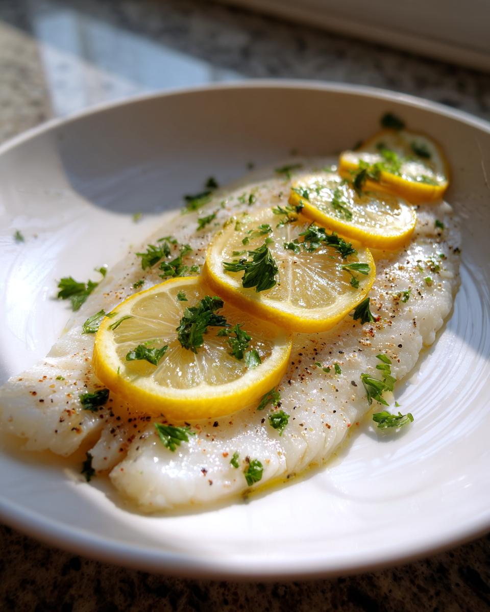 A cooked white flounder fillet seasoned with pepper and topped with fresh lemon slices and parsley, ready to eat.
