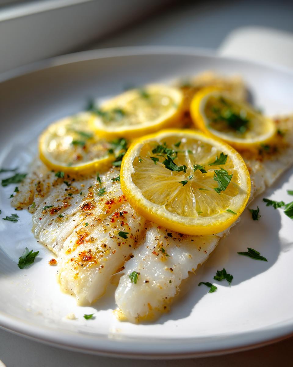 Close-up of two cooked flounder fillets seasoned and topped with bright lemon slices and fresh parsley.
