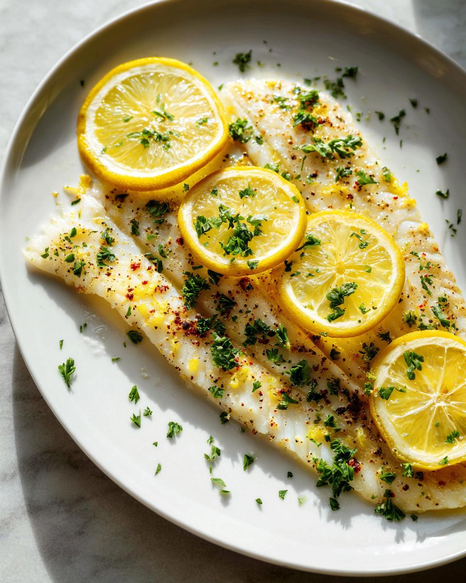 Two fillets of baked flounder topped with lemon slices, fresh parsley, and spices, ready to eat.