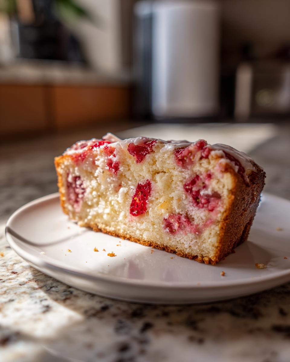 Close-up of a slice of Easy Strawberry Pound Cake showing moist crumb and red strawberry pieces, topped with white glaze.