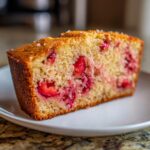 Close-up of a moist slice of Easy Strawberry Pound Cake showing bright red baked strawberries throughout the crumb.