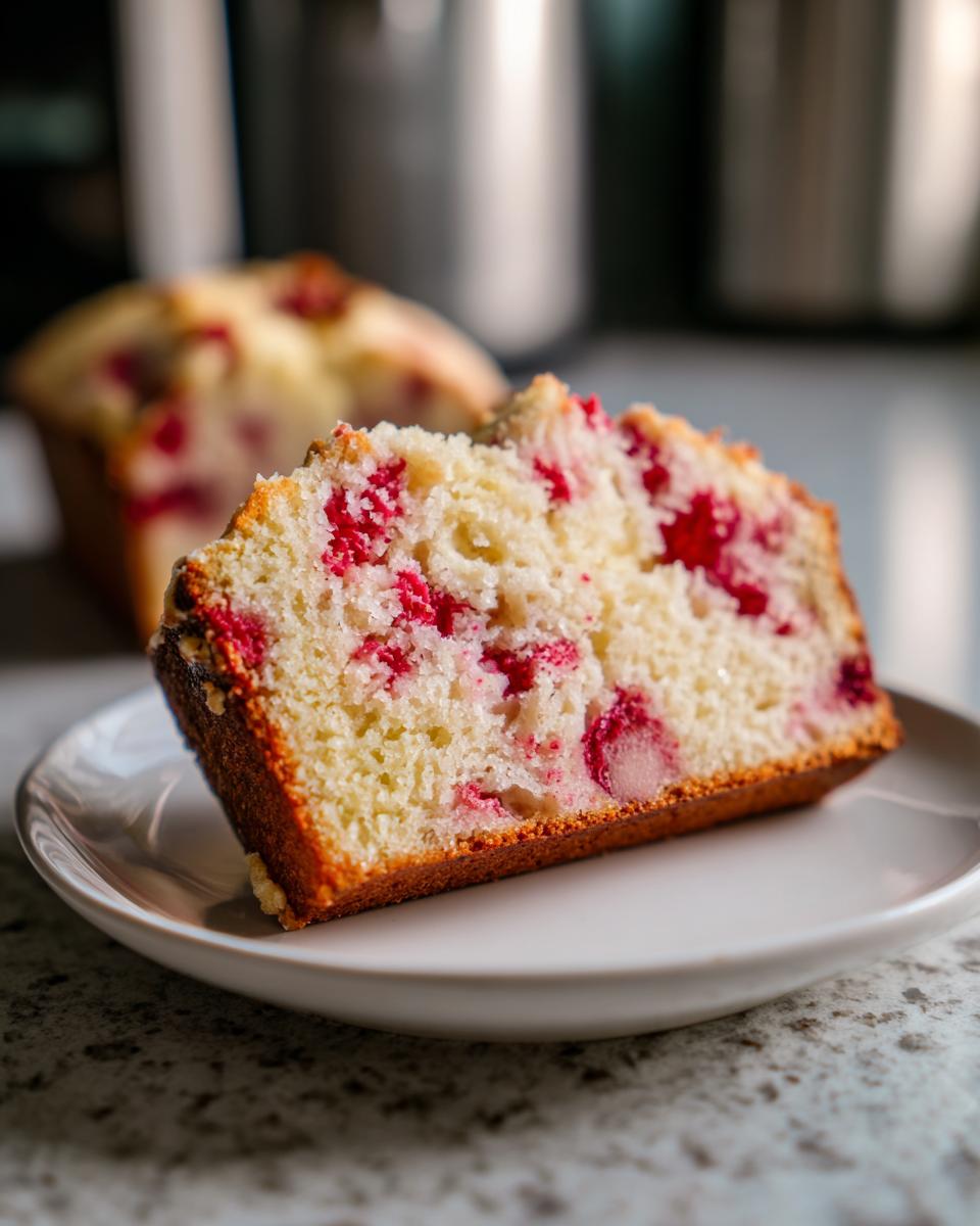 Close-up of a slice of Easy Strawberry Pound Cake showing moist crumb and bright red strawberries.