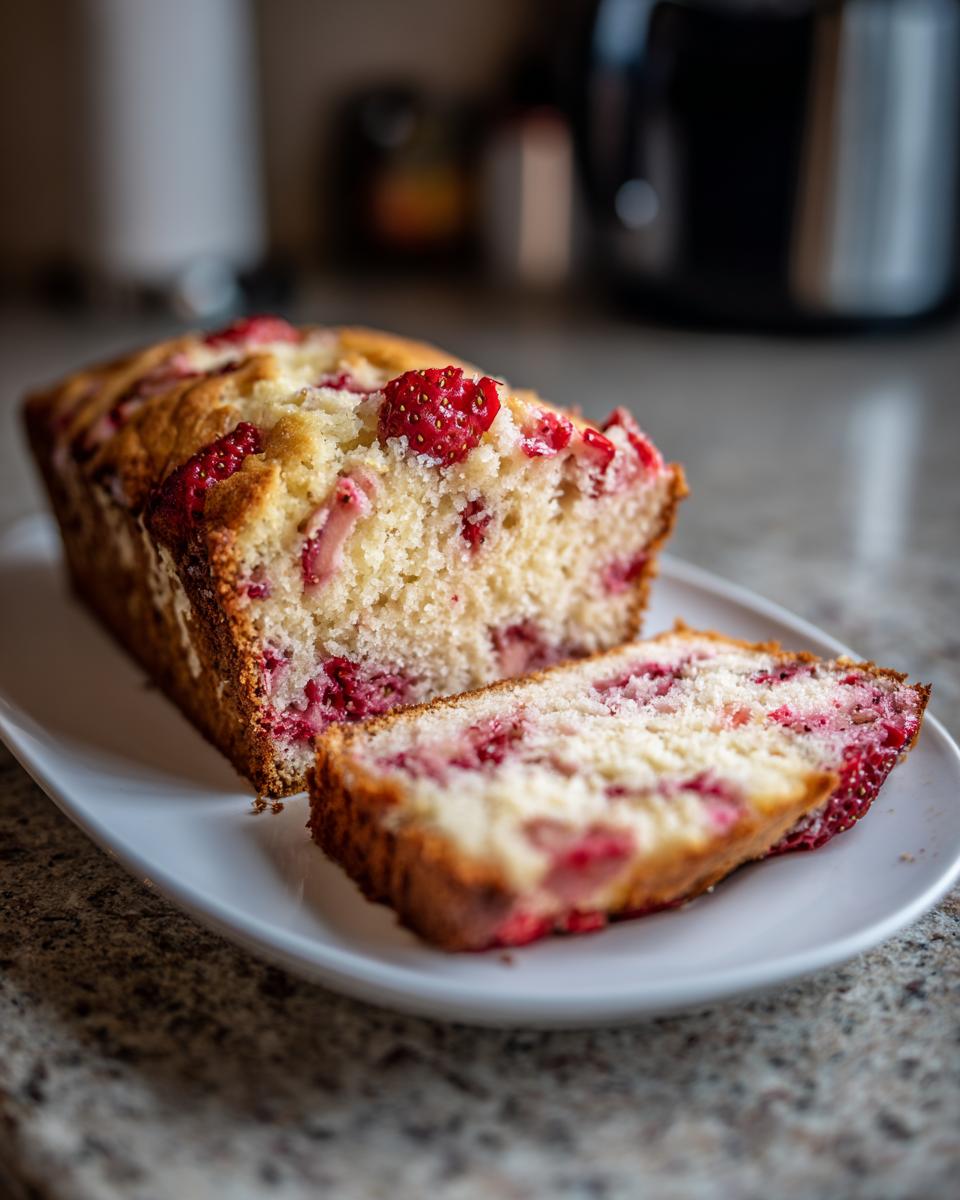 A loaf of Easy Strawberry Pound Cake sliced, showing moist crumb and visible strawberries, served on a white plate.
