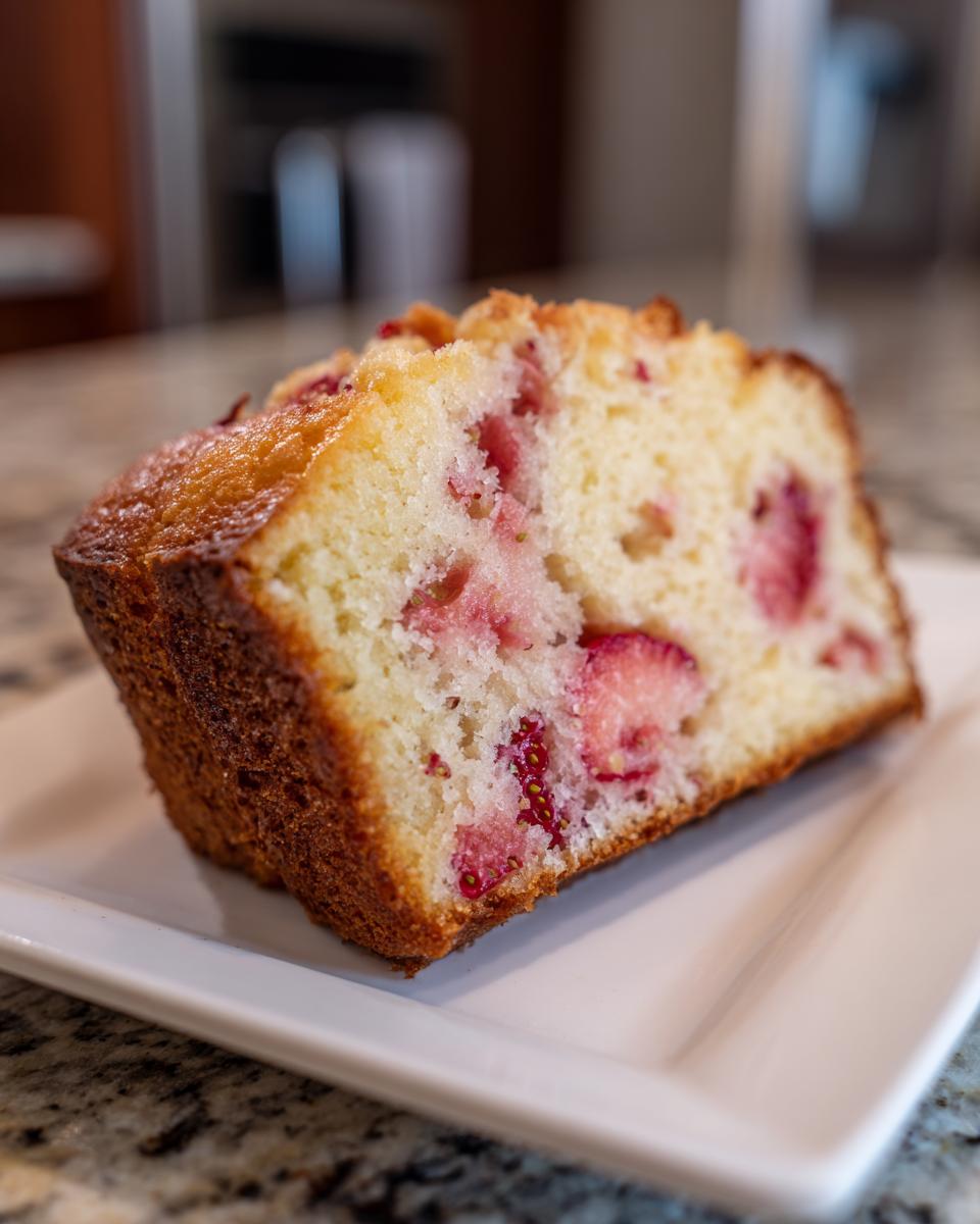 Close-up of a thick slice of Easy Strawberry Pound Cake showing moist crumb and visible strawberry pieces.