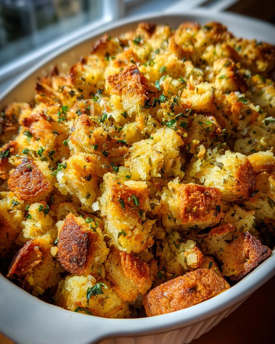 Close-up of a baked Easy Stuffing Recipe with golden, crispy bread cubes and fresh parsley garnish in a white casserole dish.