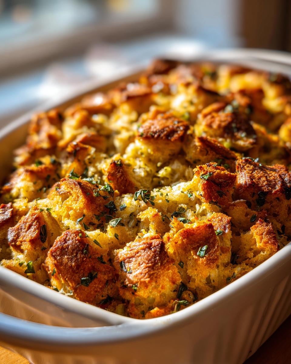Close-up of a baked Easy Stuffing Recipe with crispy, golden bread cubes and fresh herbs in a white casserole dish.