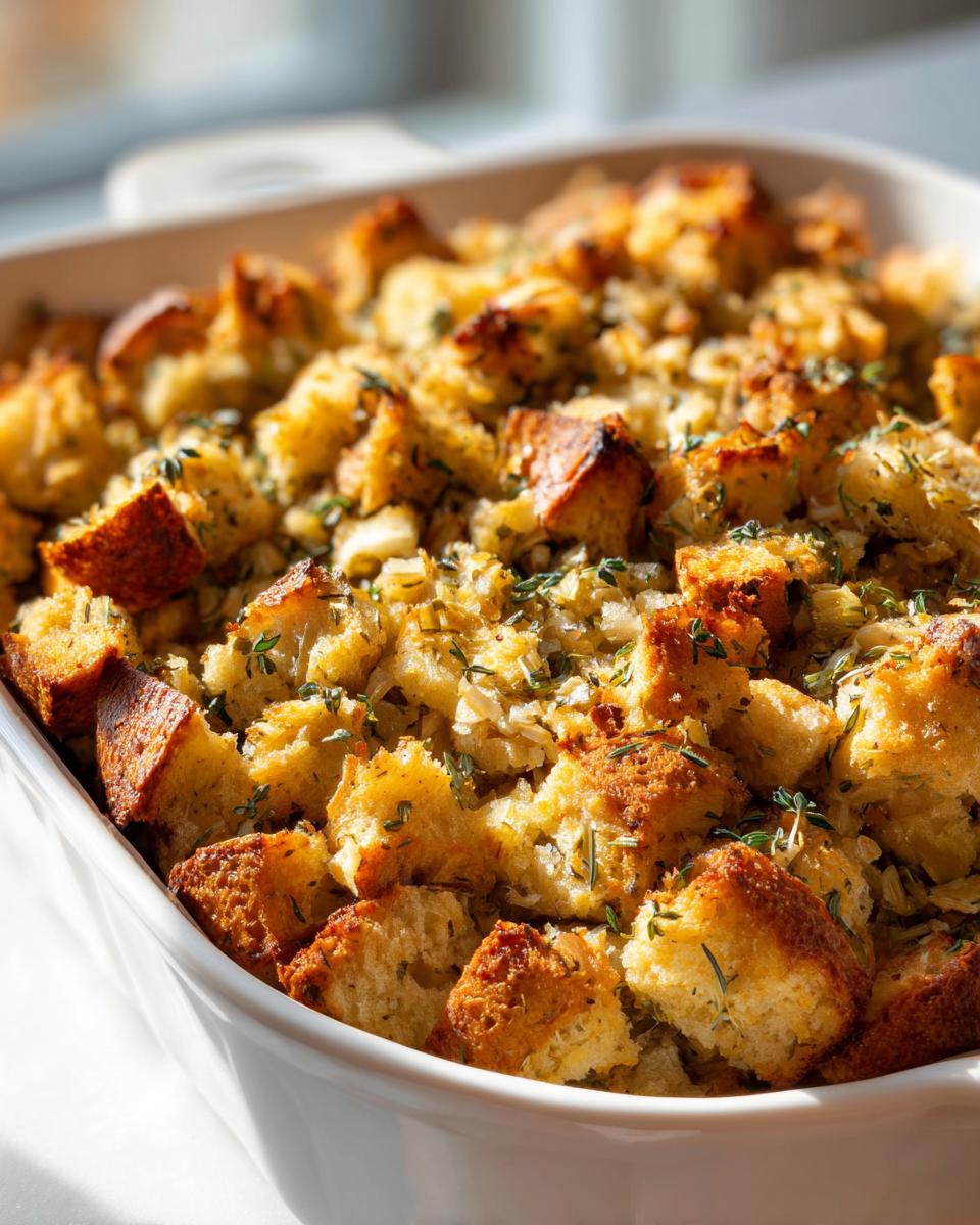 Close-up of golden, crispy bread cubes in an Easy Stuffing Recipe, garnished with fresh thyme.