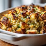 Close-up of golden brown bread cubes in an Easy Stuffing Recipe, topped with herbs and onions.