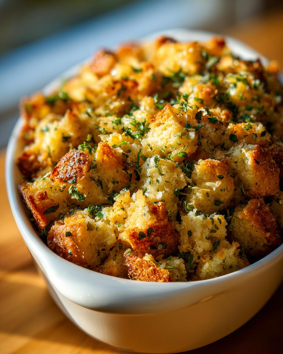 Close-up of golden brown, fluffy Easy Stuffing Recipe topped with fresh green parsley in a white baking dish.