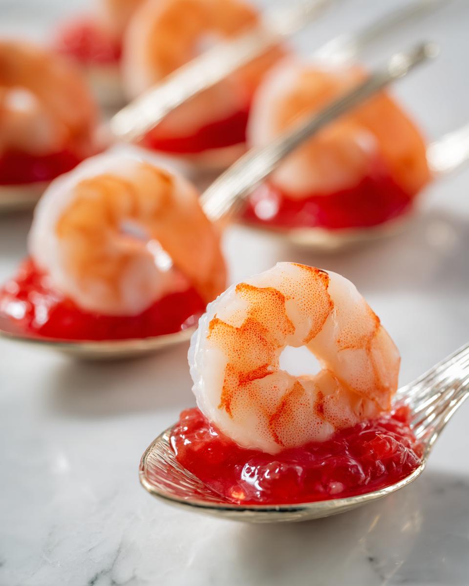 Close-up of a single shrimp served on a silver spoon over bright red cocktail sauce, perfect for wedding appetizers.