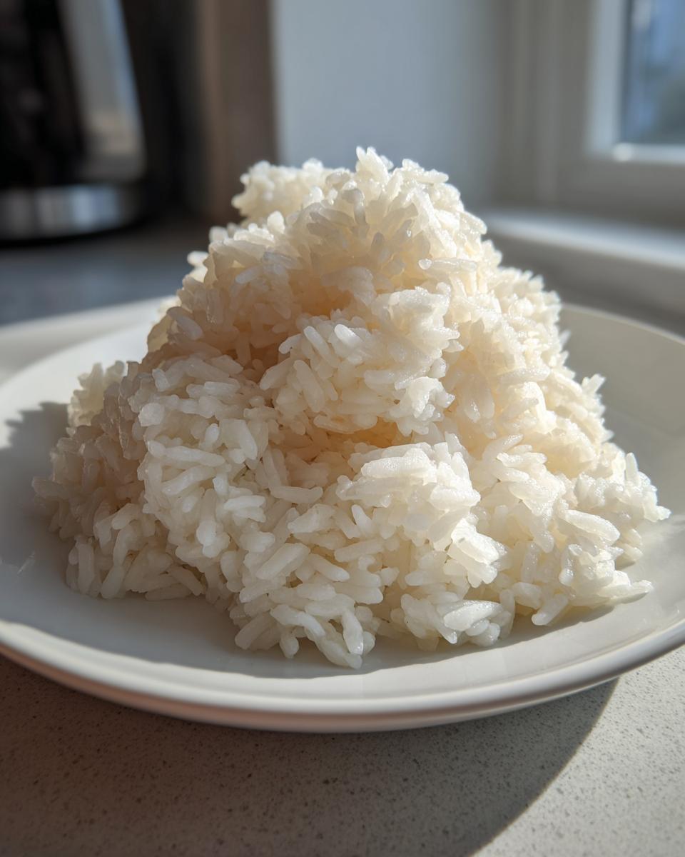 A mound of perfectly cooked, fluffy white Jasmine Rice served on a simple white plate under bright natural light.