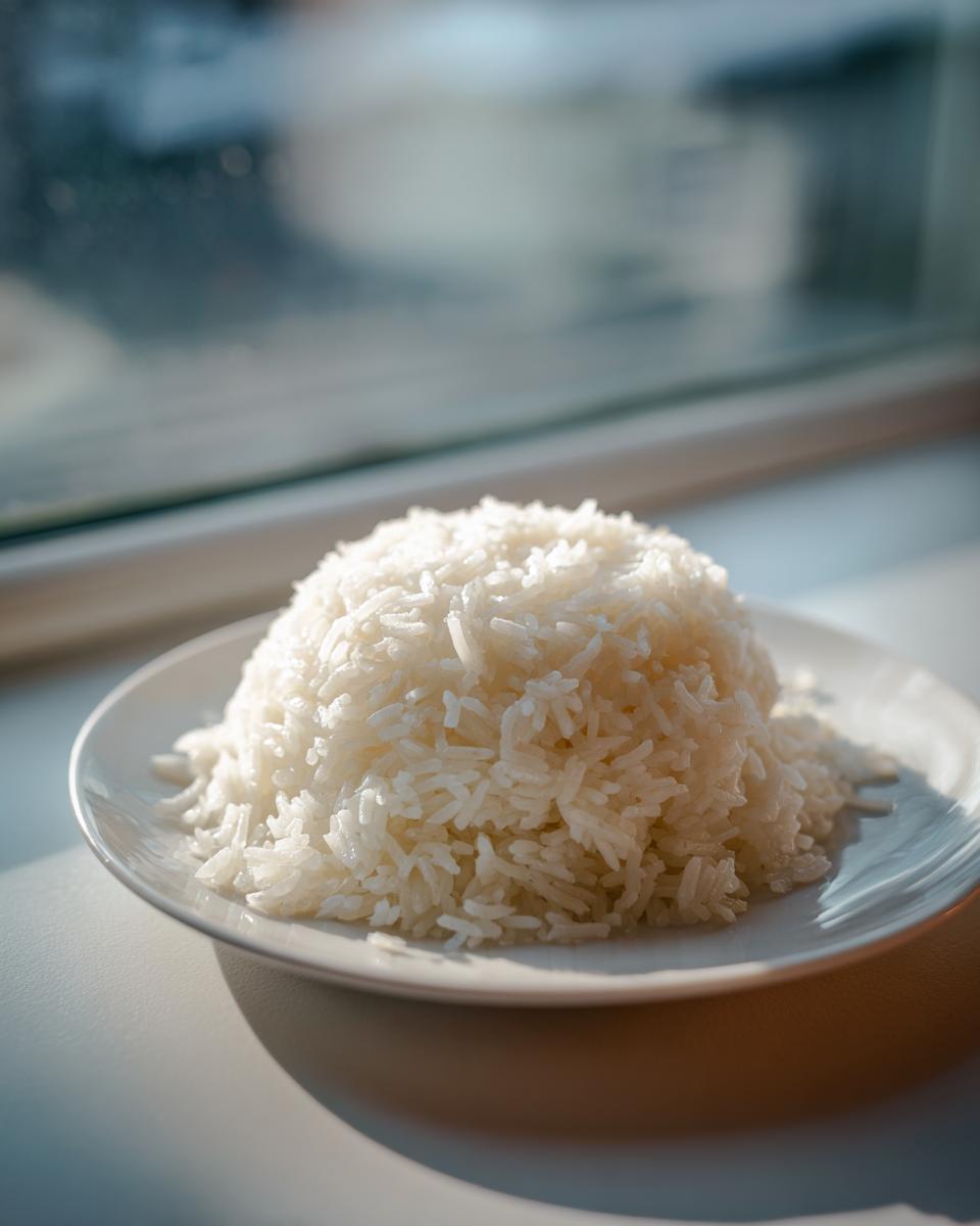 A perfectly cooked, fluffy mound of white Jasmine Rice served on a white plate near a sunlit window.