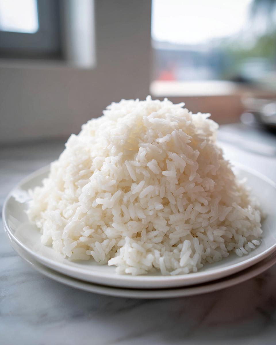 A perfectly cooked, fluffy mound of white Jasmine Rice served on a white plate.