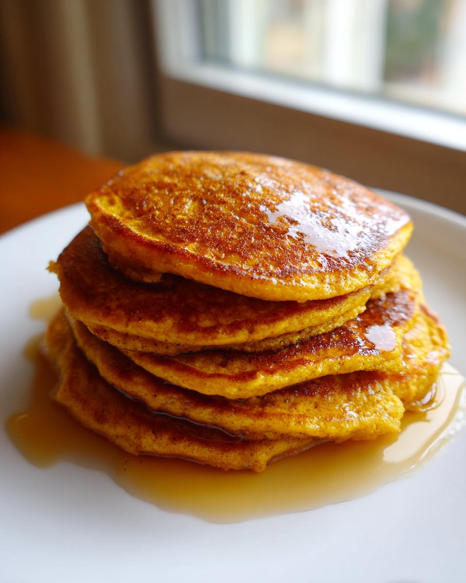 A tall stack of golden-orange Pumpkin Pancakes drizzled generously with maple syrup on a white plate.
