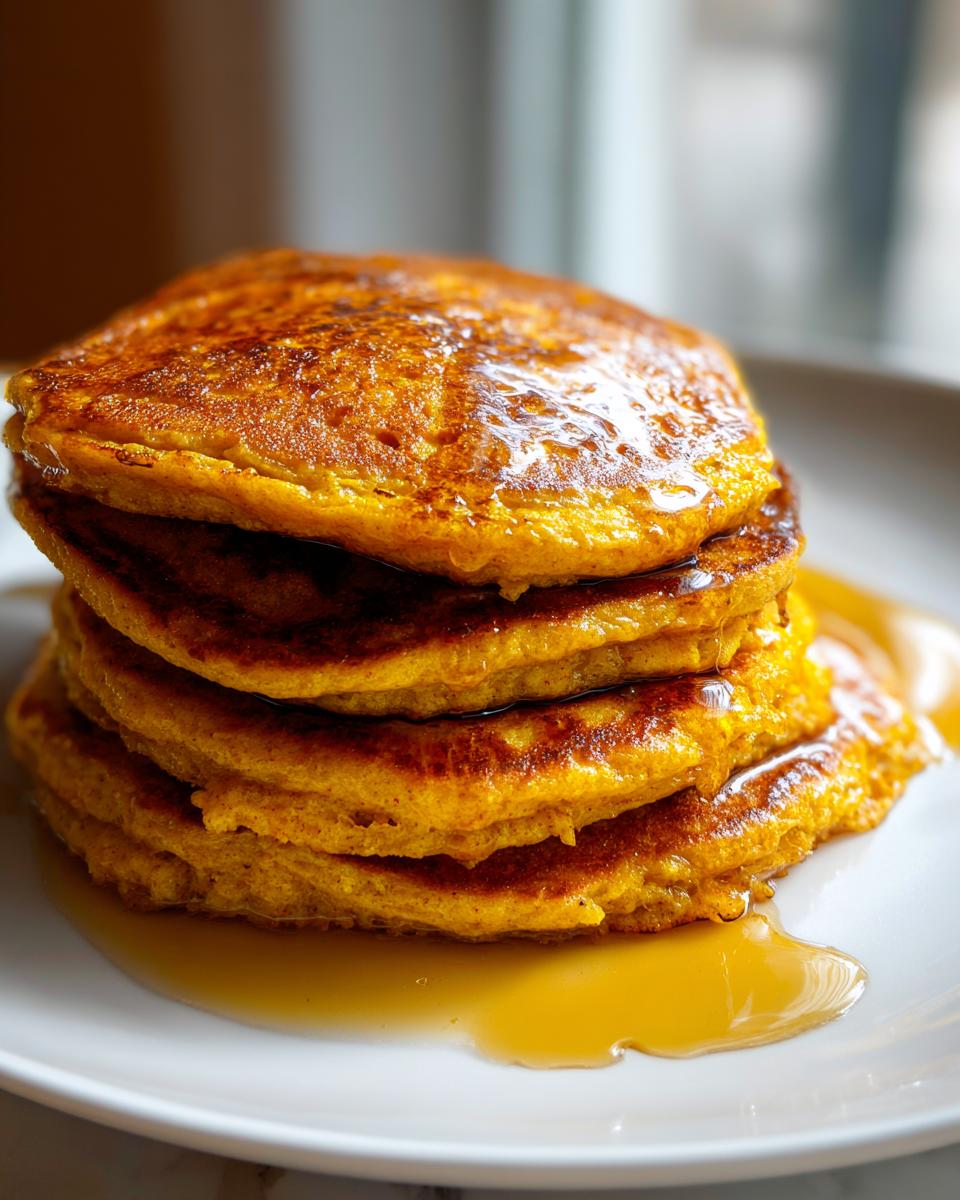 A tall stack of golden-orange Pumpkin Pancakes drizzled generously with maple syrup.