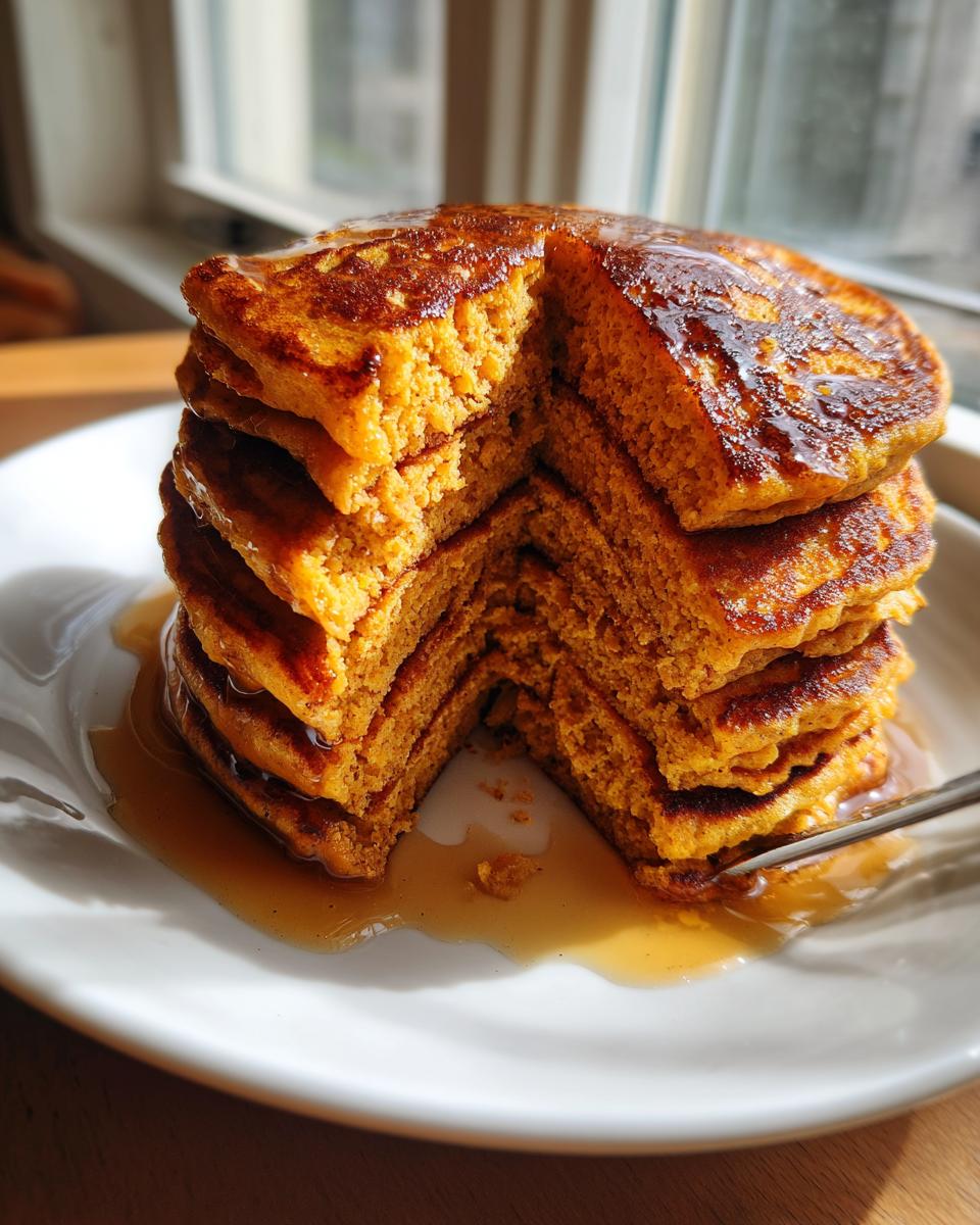 A tall stack of fluffy Pumpkin Pancakes, cut open to show the texture, drizzled generously with maple syrup.