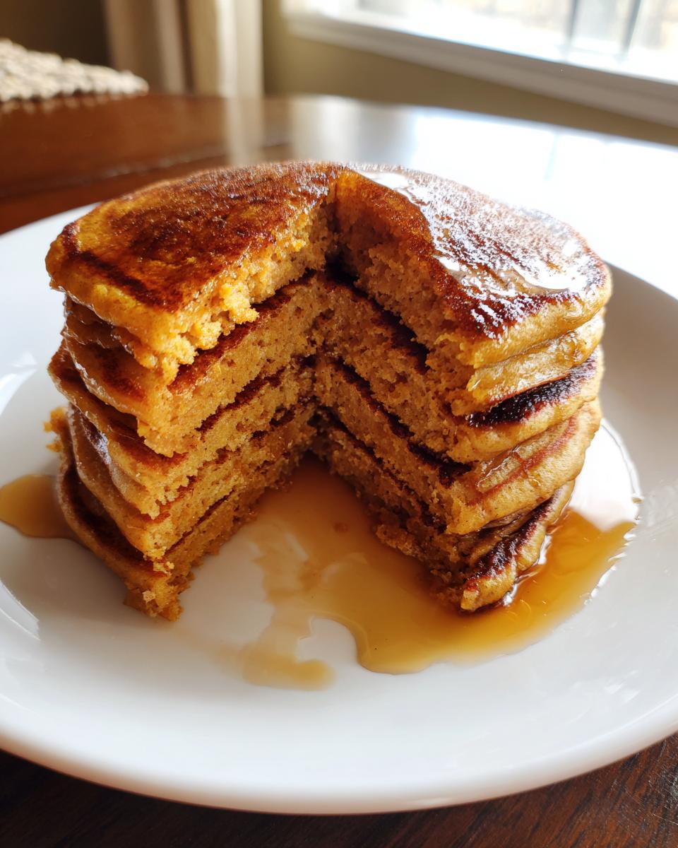 A tall stack of fluffy Pumpkin Pancakes, cut to show the interior texture, drizzled with maple syrup on a white plate.