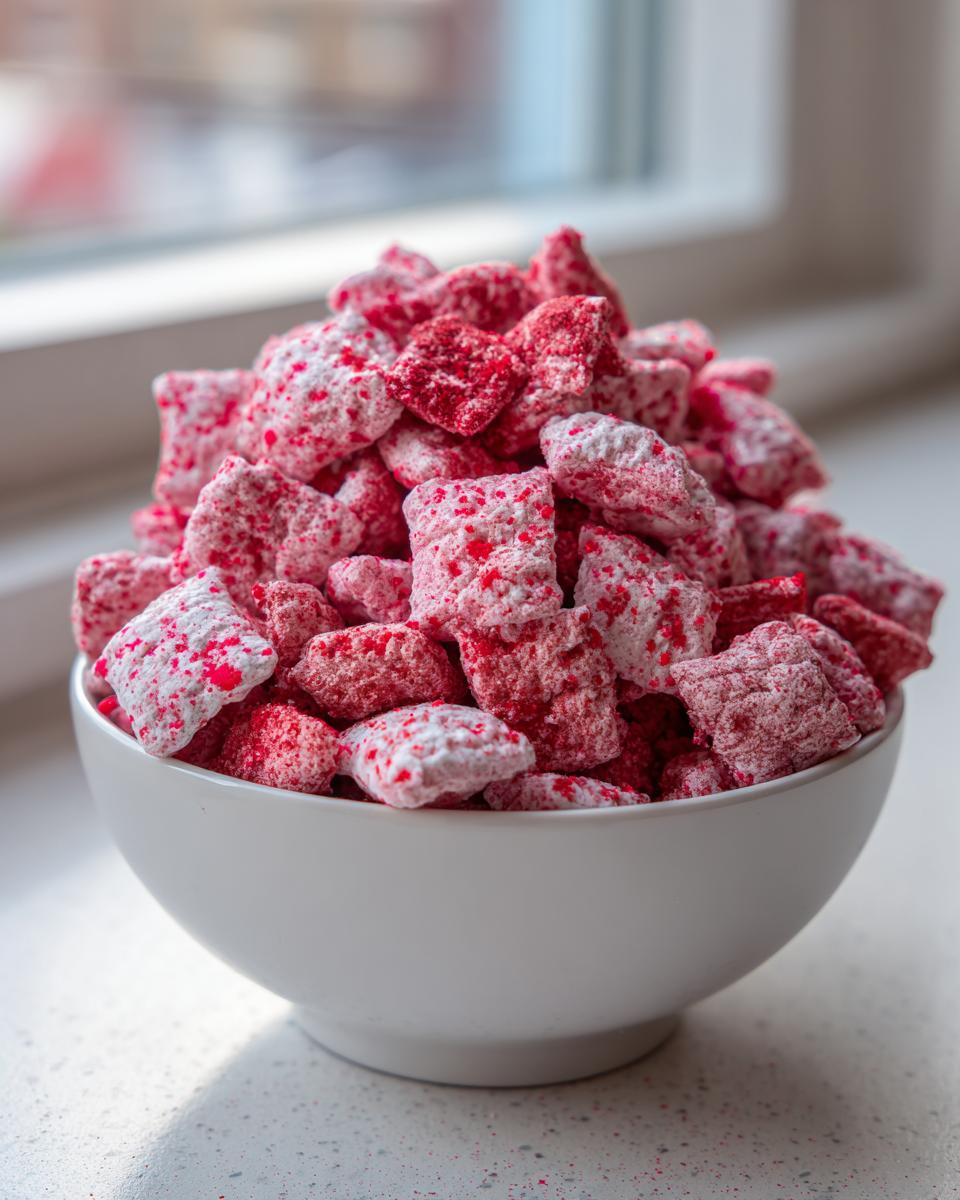 A white bowl overflowing with Fluffy Strawberry Shortcake Puppy Chow pieces coated in pink and red powder.