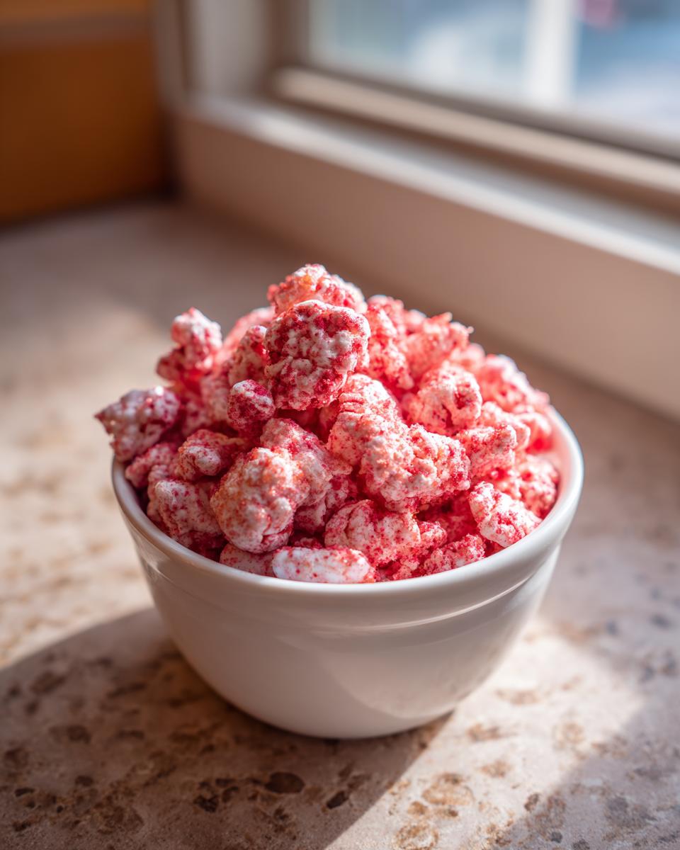 A white bowl filled with bright pink and white Fluffy Strawberry Shortcake Puppy Chow snack mix.