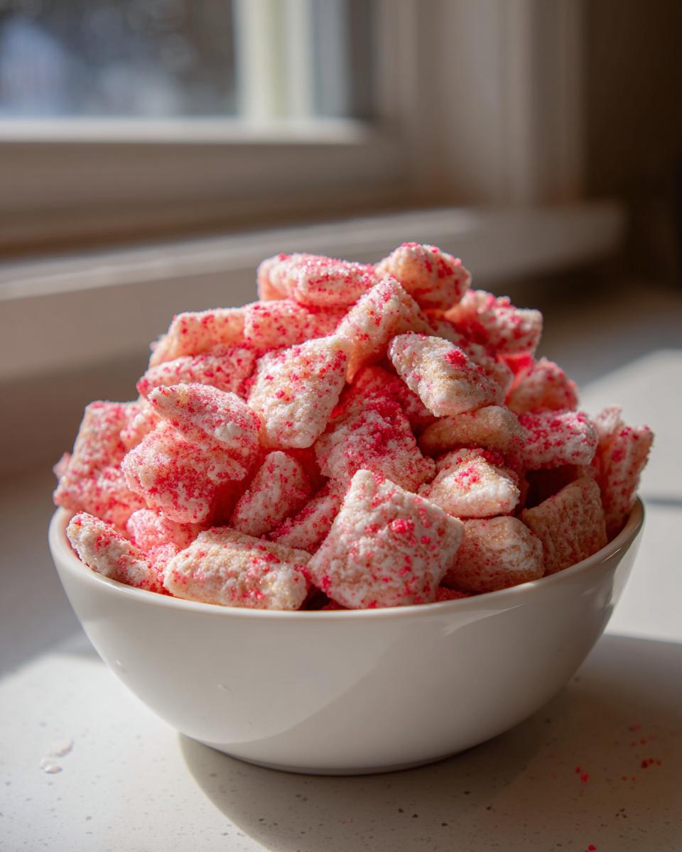 A white bowl overflowing with Fluffy Strawberry Shortcake Puppy Chow, coated in white powder and pink sprinkles.