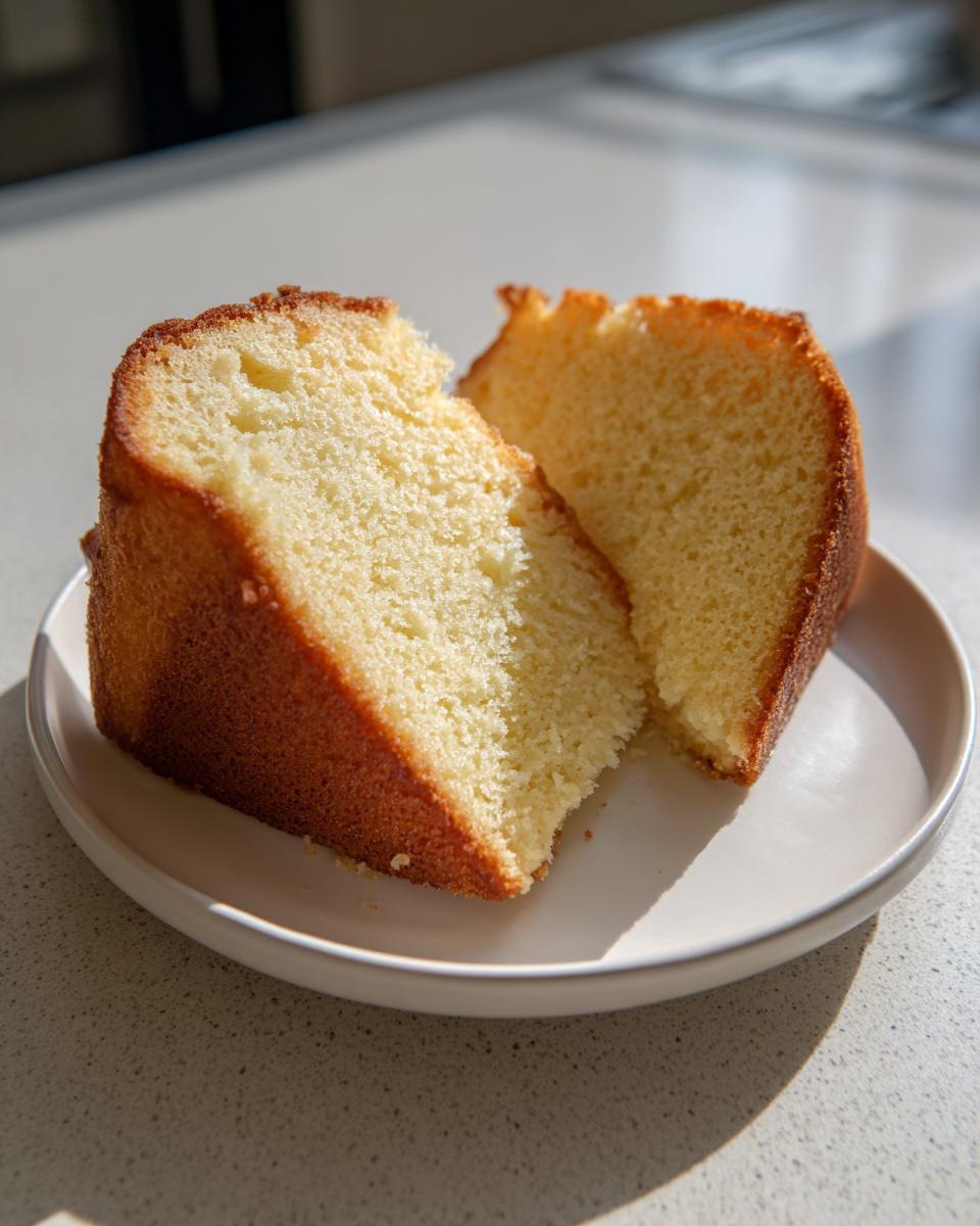 Two slices of light, fluffy vegan cake with a golden brown crust served on a small white plate.