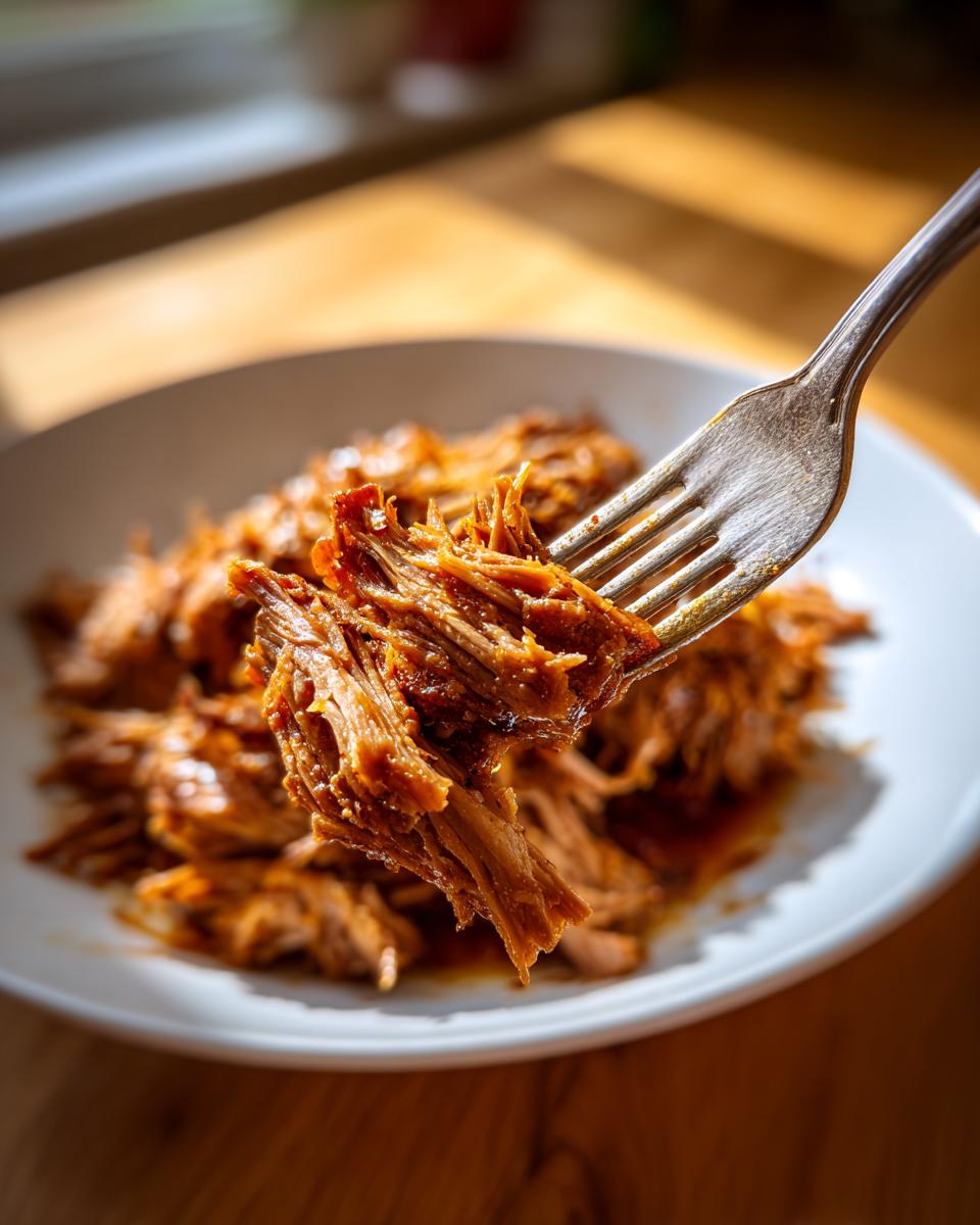 A fork lifting tender, shredded Mississippi Pot Roast from a white plate, glistening with sauce.